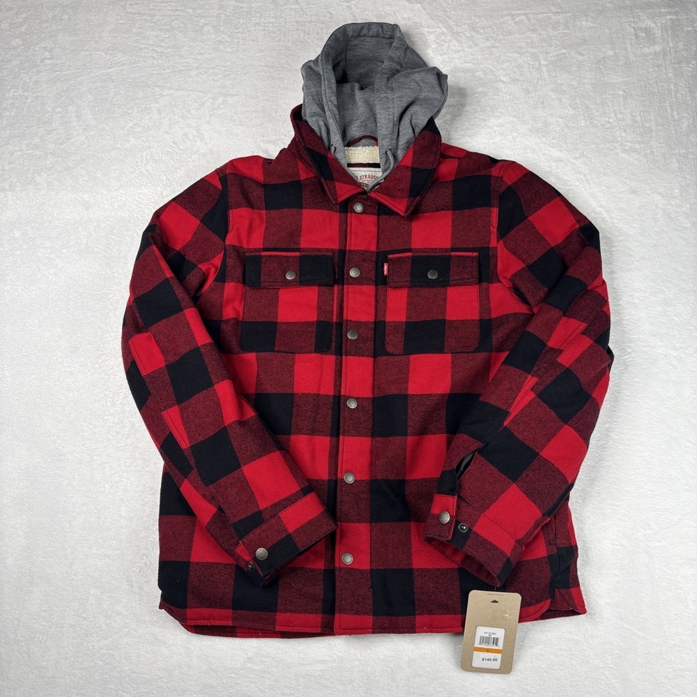 Levi's Men's Red Black Buffalo Plaid Jacket Hoodie Small Sherpa Lined Fleece
